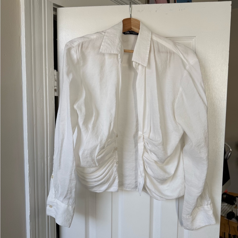 Zara White Ruched Button-Up Shirt